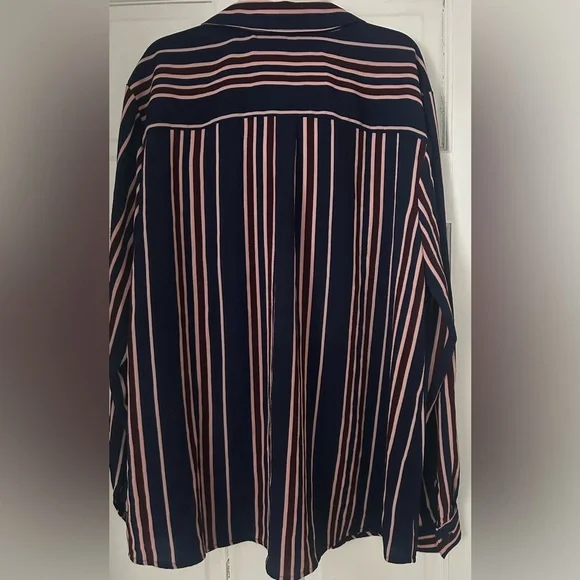 NY Collection Navy Blue w/Pink and Maroon Stripes Button Front Blouse XL - Picture 3 of 4